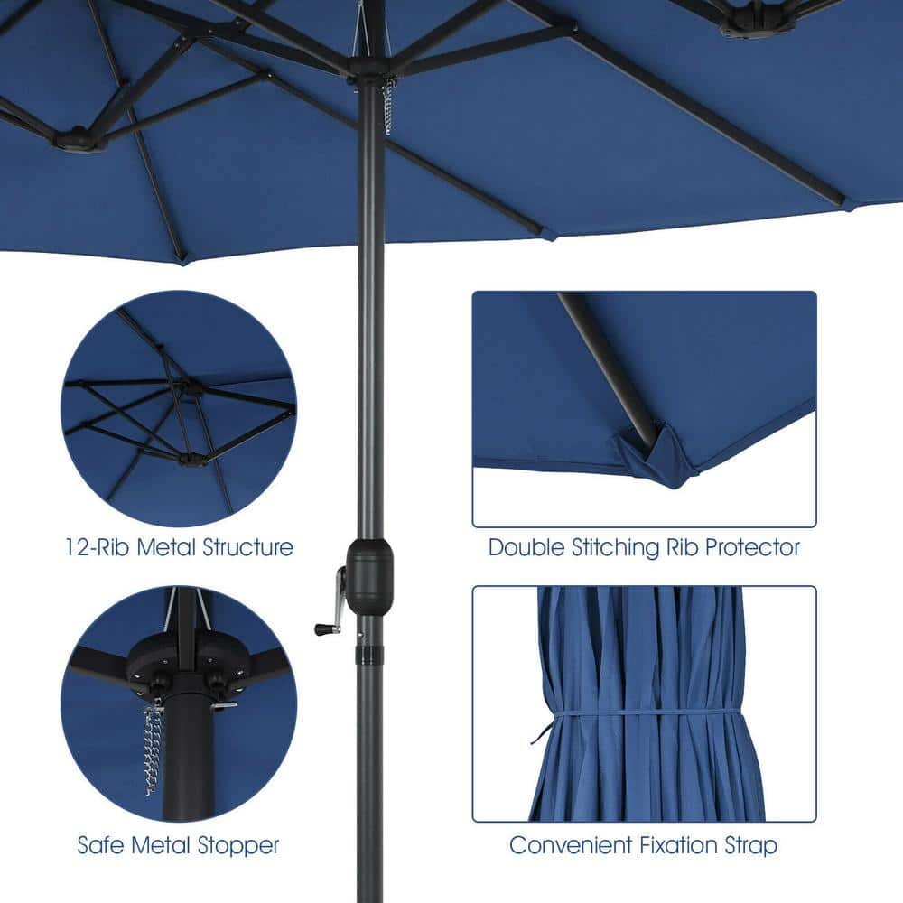 Navy Double-Sided 15ft Patio Umbrella with Hand Crank