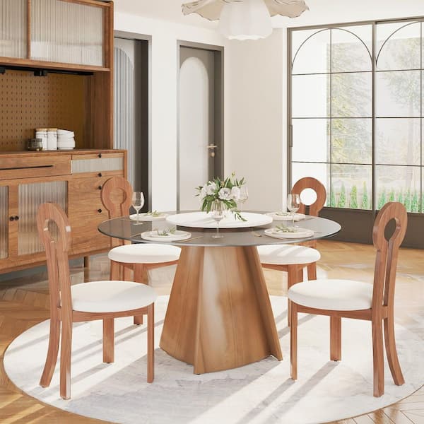 Round 53 in. Walnut Tempered Glass Tabletop with Rotable Lazy Susan and Pedestal Base Dining Table (Seats 6)