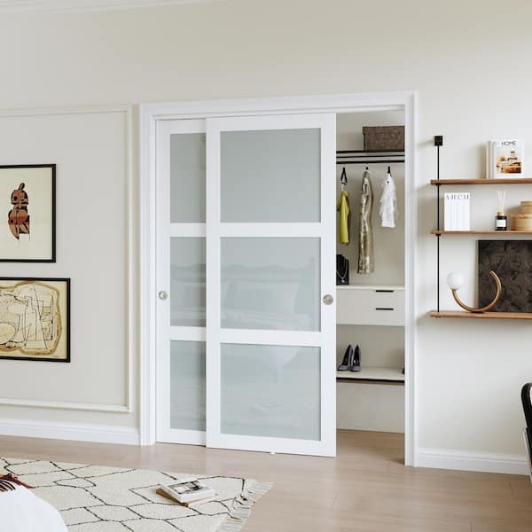 64 in. x 80 in. 3-Lite Tempered Frosted Glass White Finished Solid Core Wood Closet Sliding Door with Hardware Kit
