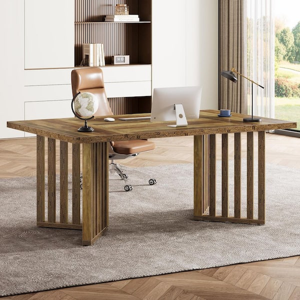 BYBLIGHT Moronia 63 in. Rectangle Brown Wood Executive Desk with Slatted Pedestal, Large Business Desk for Home Office