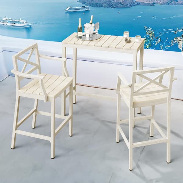 LUE BONA Humphrey 3 Piece 39 in. Cream Alu Outdoor Patio Dining Set Pub Height Bar Table Plastic Top With Bar Stool For Balcony