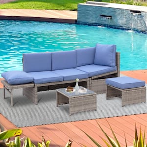 Wicker Outdoor Chaise Lounge with Blue Cushions Sofa Set 4-Piece 5-Seater Patio Garden Lounge Set Glass Top Coffee Table