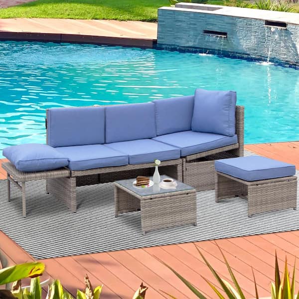 Runesay Wicker Outdoor Chaise Lounge with Blue Cushions Sofa Set 4-Piece 5-Seater Patio Garden Lounge Set Glass Top Coffee Table