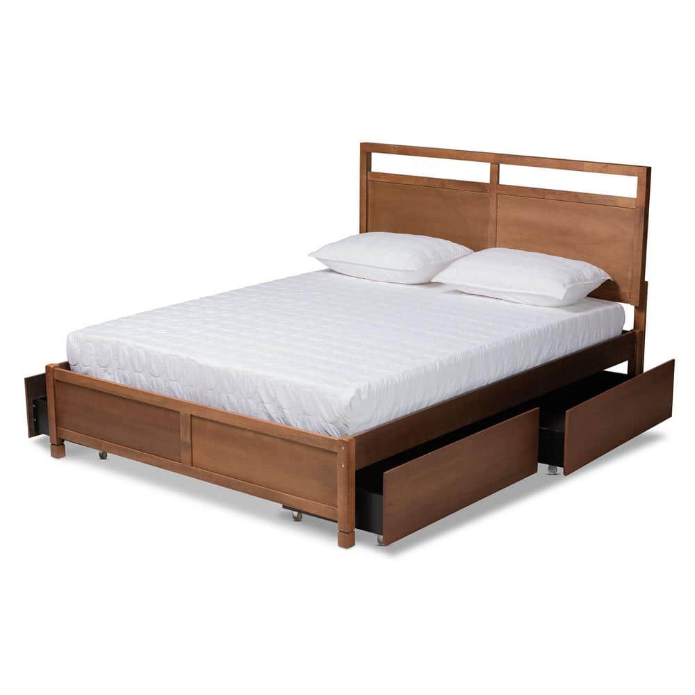 Walnut Brown Full Size Wood Storage Bed with Tufted Upholstery