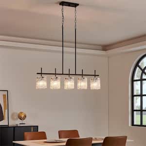 38.25 inch 5-Light Black Linear Glam Island Pendant Light Fixture with Glass Shade