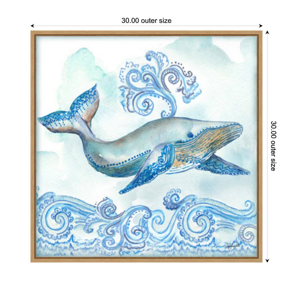 Boho Shells II Whale Blue Canvas Print with Maple Frame