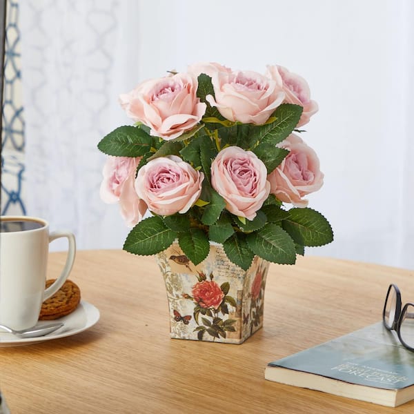 Nearly Natural 11 in. Rose Artificial Arrangement Floral Vase