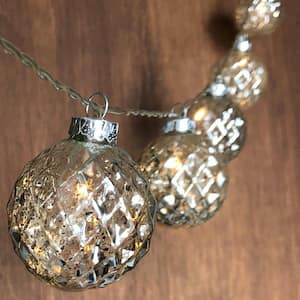 10-Light Battery Operated 2.36 in. Faceted Silver Mercury Glass Globes Pure White LED New Year Light String