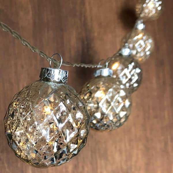 Brite Star 10-Light Battery Operated 2.36 in. Faceted Silver Mercury Glass Globes Pure White LED New Year Light String