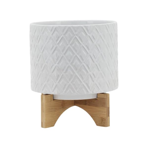 Flynama 8 in. White Ceramic Planter Stand Plant Pot with Wood Stand Feet for Outdoor/Indoor Stand (1-Pack)