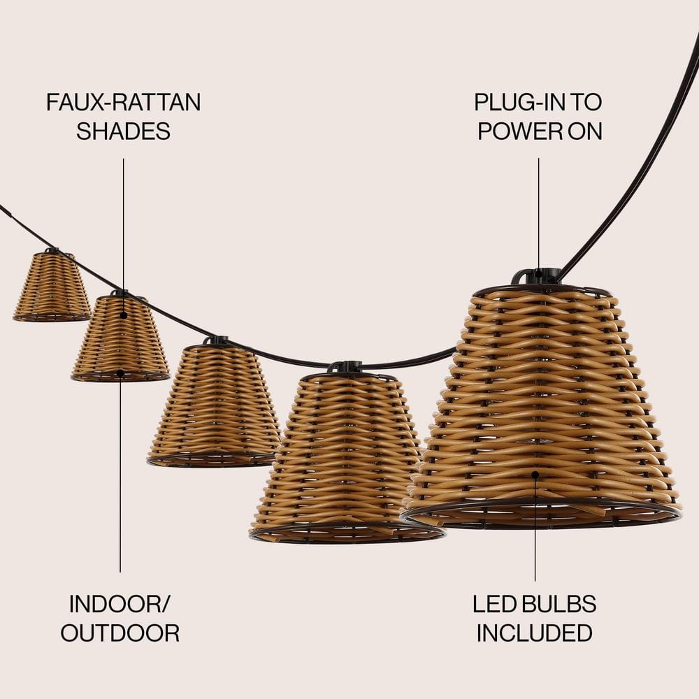 Brown Faux-Rattan Cone Shade Outdoor LED String Lights