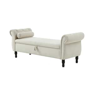 63 in. Beige Velvet Rectangular Sofa Stool Buttons Tufted Nailhead Trimmed Ottoman Solid Wood Legs with 1-Pillow