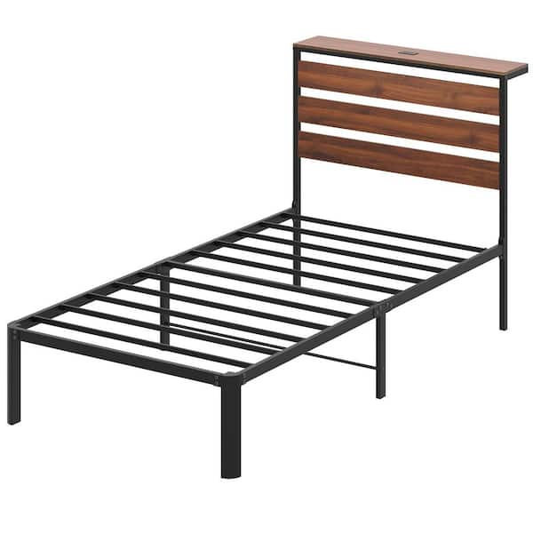 Brown Metal Frame Twin Platform Bed with Lighting and Charging Headboard