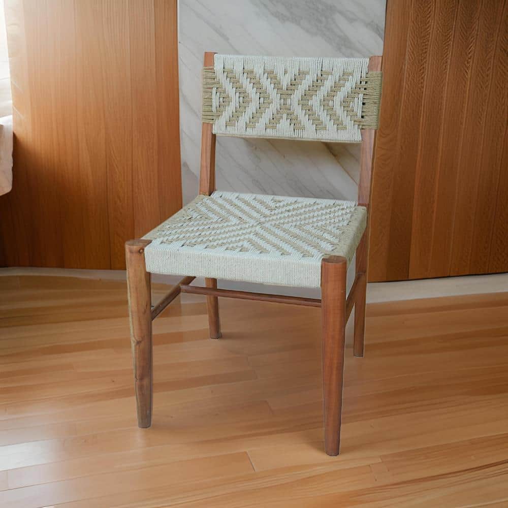 Gray and Brown Dining Chair with Woven Cotton Seat and Back