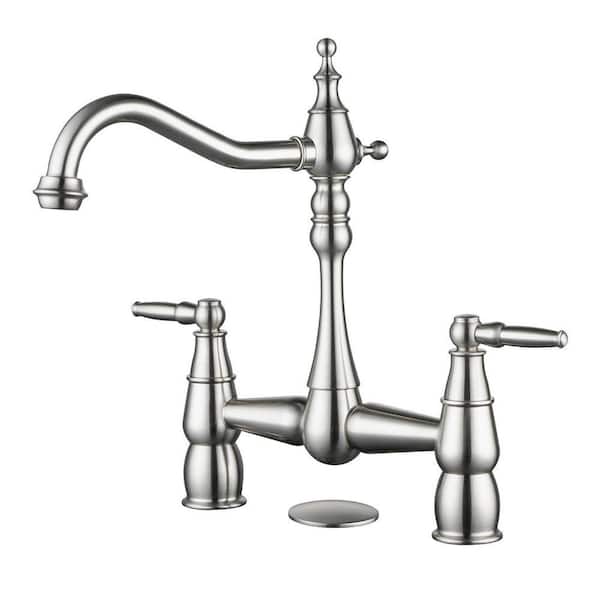 8 in. Centerset Double Handle Brass Elegant Bridge Kitchen Faucet with Sink Hole Cover in Brushed Nickel