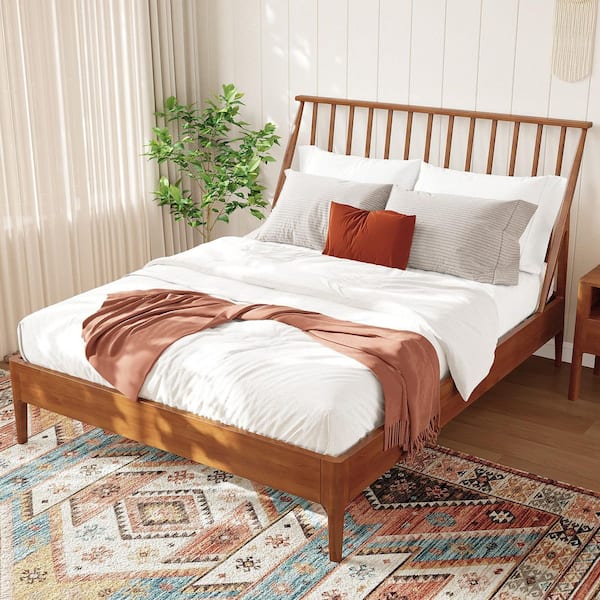 Alexandra Mid-Century Modern Brown Bamboo Frame Queen Size Platform Bed with Tall Headboard, Wooden Slats, Metal Support