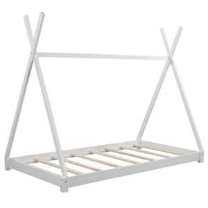 White Wood Frame Twin Size House Platform Bed with Triangle Structure