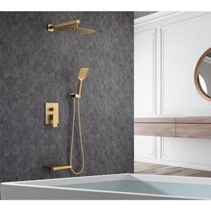 Mondawell Single-Handle 3-Spray Patterns 12 in. x 8 in. Wall Mount Rain Dual Shower Heads Handheld, Spout, Valve in Gold