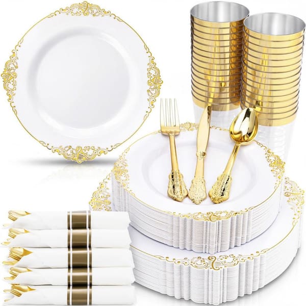 350-Piece White Gold Disposable Dinnerware Set with 100 Plates, 50 Silverware Set, 50 Cups, 50 Napkins for Wedding
