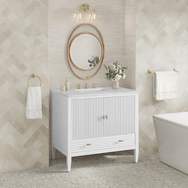 James Martin Vanities Myrrin 36.0 in. W x 23.5 in. D x 34.06 in. H Single Bathroom Vanity Bright White and Arctic Fall Solid Surface Top