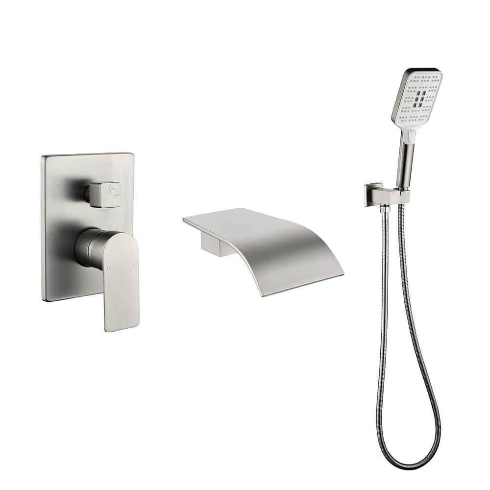 Single-Handle Wall Mount Roman Tub Faucet with Hand Shower and Waterfall in