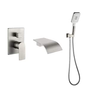 Single-Handle Wall Mount Roman Tub Faucet with Hand Shower and Waterfall in Brushed Nickel