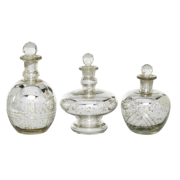 Litton Lane Silver Glass Decorative Jars with Crystal Stoppers (Set of 3)
