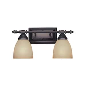 Apollo 15.75 in. 2-Light Oil Rubbed Bronze Vanity with Amber Sandstone Glass Shades