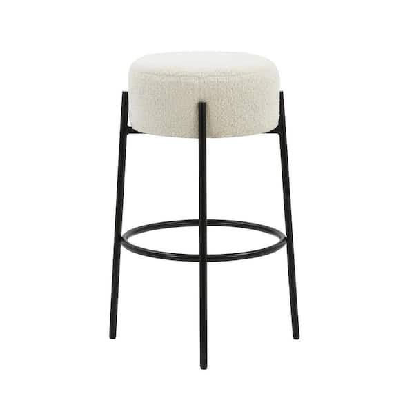 Isaac 29 in. Modern Backless Bar Stool with Round Soft Padded Boucle Seat and Metal Mid-Century Base, Boucle White/Black