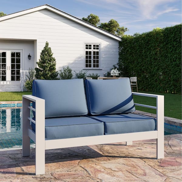 Oversized Aluminum Outdoor Patio Loveseat with 5 in. Blue Cushions