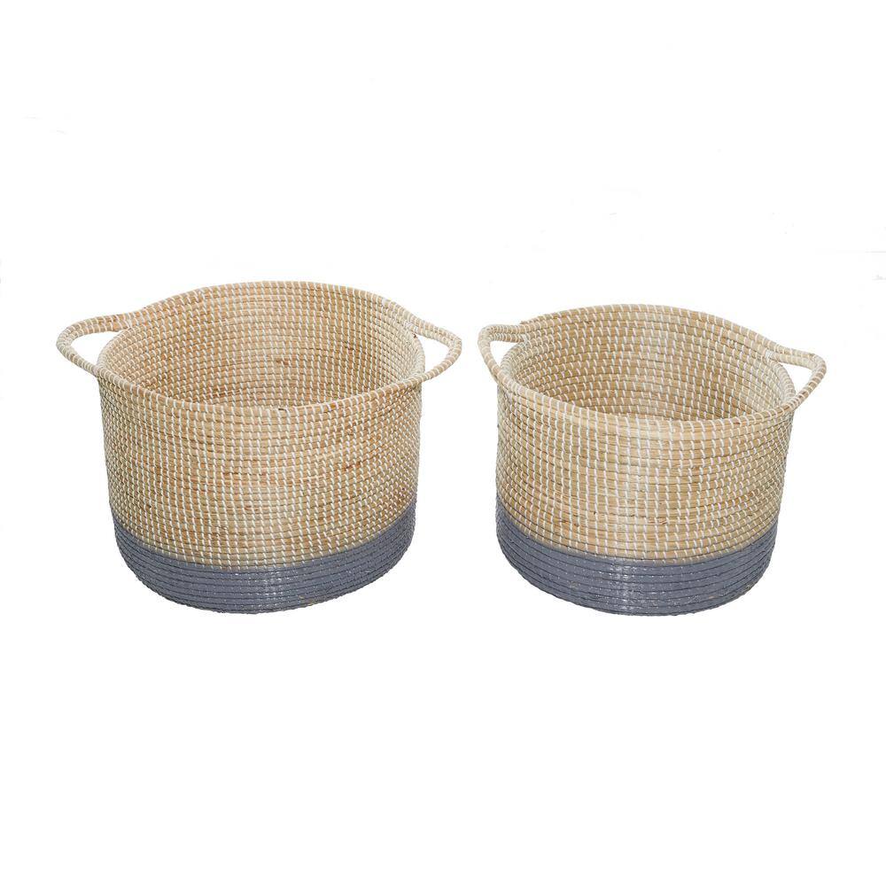 Set of 2 Round Seagrass Storage Baskets with Gray Stripes