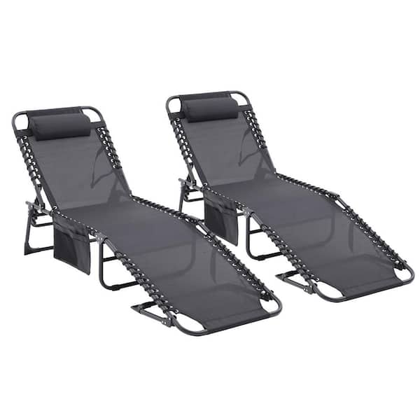 Unbranded 2-Piece Metal Foldable and Adjustable Textilene Fabric Outdoor Chaise Lounge with Pillow and Side Pocke (Black)