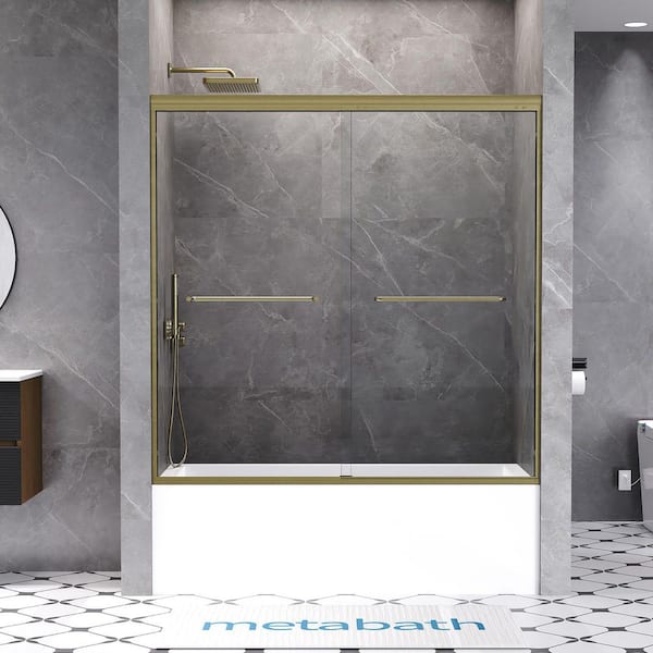 56 to 60 in. W x 60 in. H Semi Frameless Double Sliding Tub Door in Brushed Gold with 5/16 in. Tempered Clear Glass