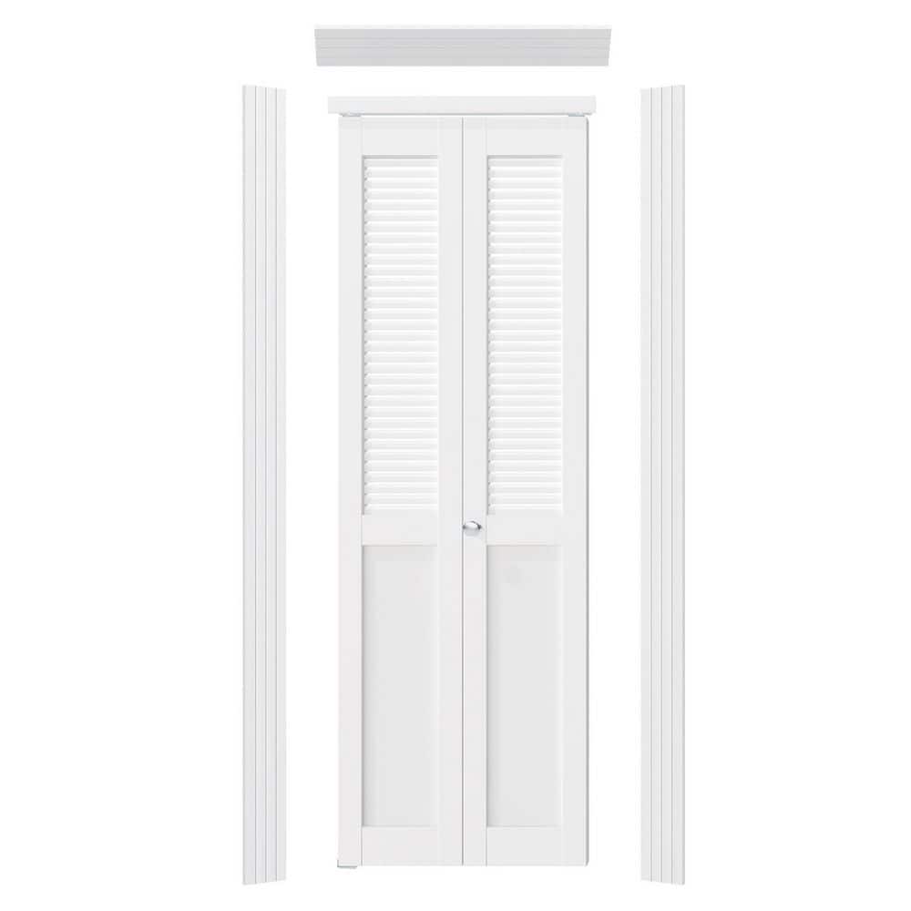 28 in. x 80 in. Half Louver Half Panel Solid Core Wood White PVC Covering MDF, Closet Bi-fold Door with Frame & Hardware price history on PriceWatchPro
