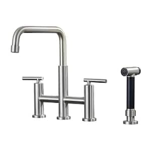 Double Handle Bridge Kitchen Faucet with Pull-Out Side Sprayer in Brushed Nickel