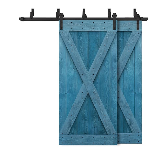 CALHOME 52 in. x 84 in. X Bypass Ocean Blue Stained DIY Solid Wood Interior Double Sliding Barn Door with Hardware Kit