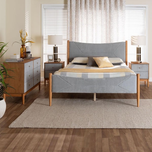 Taylin 4-Piece Grey Corduroy and Oak Brown Wood Queen Bedroom Set with 2-Nightstands