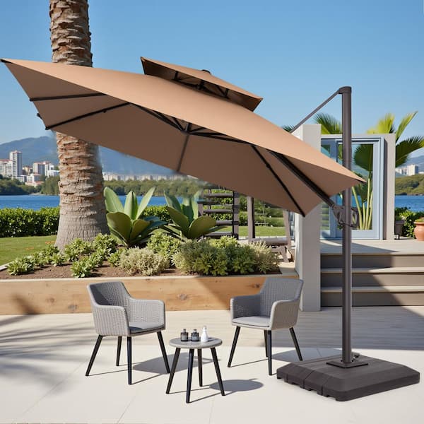 Pellebant 10 ft. x 10 ft. Aluminum 360 Rotation Offset Tilt Cantilever Patio Umbrella in Tan and 240 lbs. Weighted Fillable Base Pellebant 10 ft. x 10 ft. Aluminum 360 Rotation Offset Tilt Cantilever Patio Umbrella in Tan and 240 lbs. Weighted Fillable Base