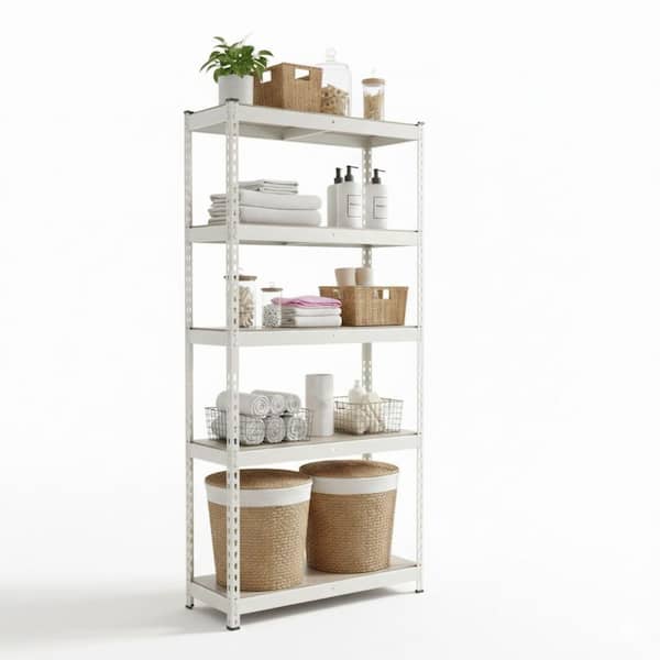 5-Tier Powder-Coated Steel Household Shelving Unit in White with Light Oak HDF Shelves (36 in W x 72 in H x 12 in D)