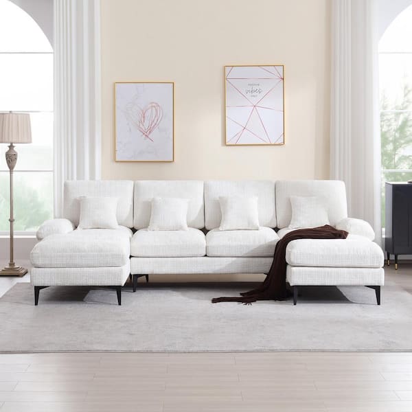 113 in. Flare Arm Linen Beige U-Shaped Sectional Sofa with Foam Cushion Lounge Chaise and Pillow