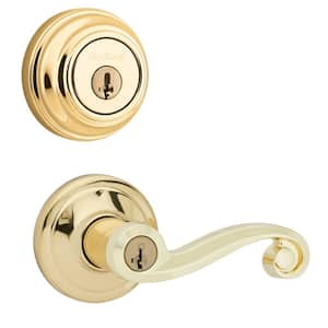 Lido Polished Brass Exterior Entry Door Handle and Single Cylinder Deadbolt Combo Pack Featuring SmartKey Security