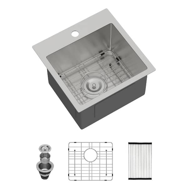 15 in. Drop-In/Topmount Single Bowl Bar Kitchen Sink 16-Gauge T304 Stainless Steel Bar Kitchen Sink with Bottom Grid