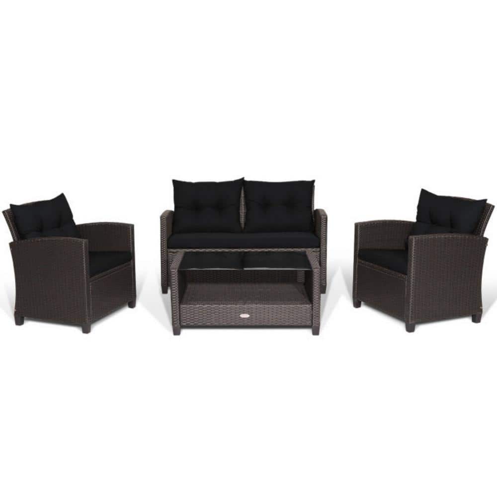 4-Piece Wicker Outdoor Patio Conversation Set Rattan Furniture Set with Black Cushions and Tempered Glass Coffee Table price history on PriceWatchPro