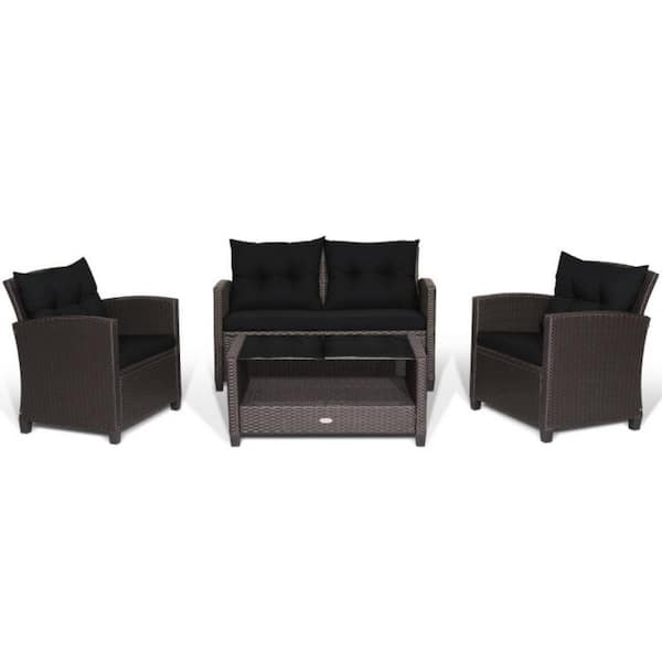 Clihome 4-Piece Wicker Outdoor Patio Conversation Set Rattan Furniture Set with Black Cushions and Tempered Glass Coffee Table