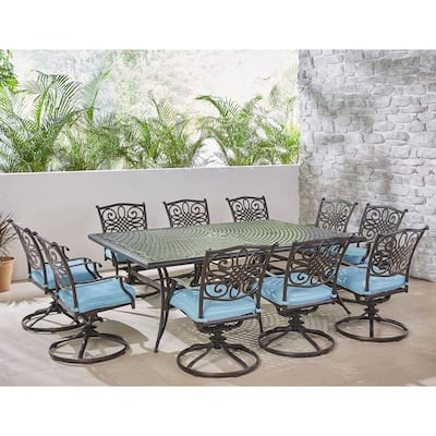 Traditions 11-Piece Aluminum Outdoor Dining Set with 10 Swivel Rockers with Blue Cushions