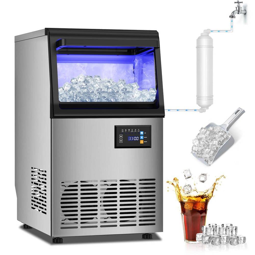 13.78 in. 100 lbs./24H Full Size Cube Commercial Freestanding Spray Drench Icemaker in Stainless Steel w/25 lbs. Storage
