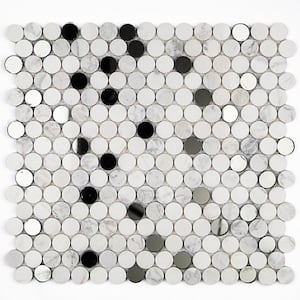 Mirage Penny Round White and Gray 3 in. x 6 in. Marble and Glass Wall Mosaic Tile Sample