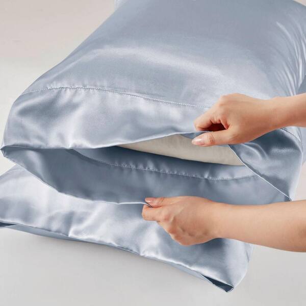 Vsmile Blue Satin Pillowcase Queen Set of 2-Wrinkle-Free, Smoothy Texture OEKO-TEX Certified, Open-Ended Design 20 in.W x 30" L