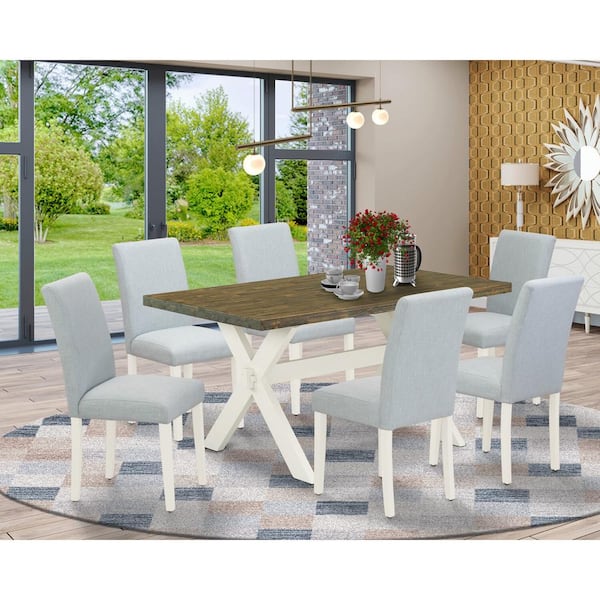 East West Furniture 7-Piece Rectangle Natural Oak Finish Solid Wood Top Dining Set with 1 table and 6 Upholstered-Chairs with Lattice Back