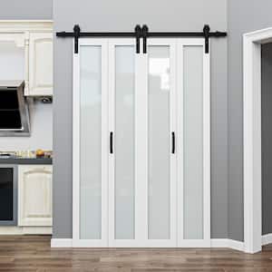 50 in. x 84 in. 1-Lite Tempered Frosted Glass White Finished Composite MDF Bi-Fold Sliding Barn Door with Hardware Kit